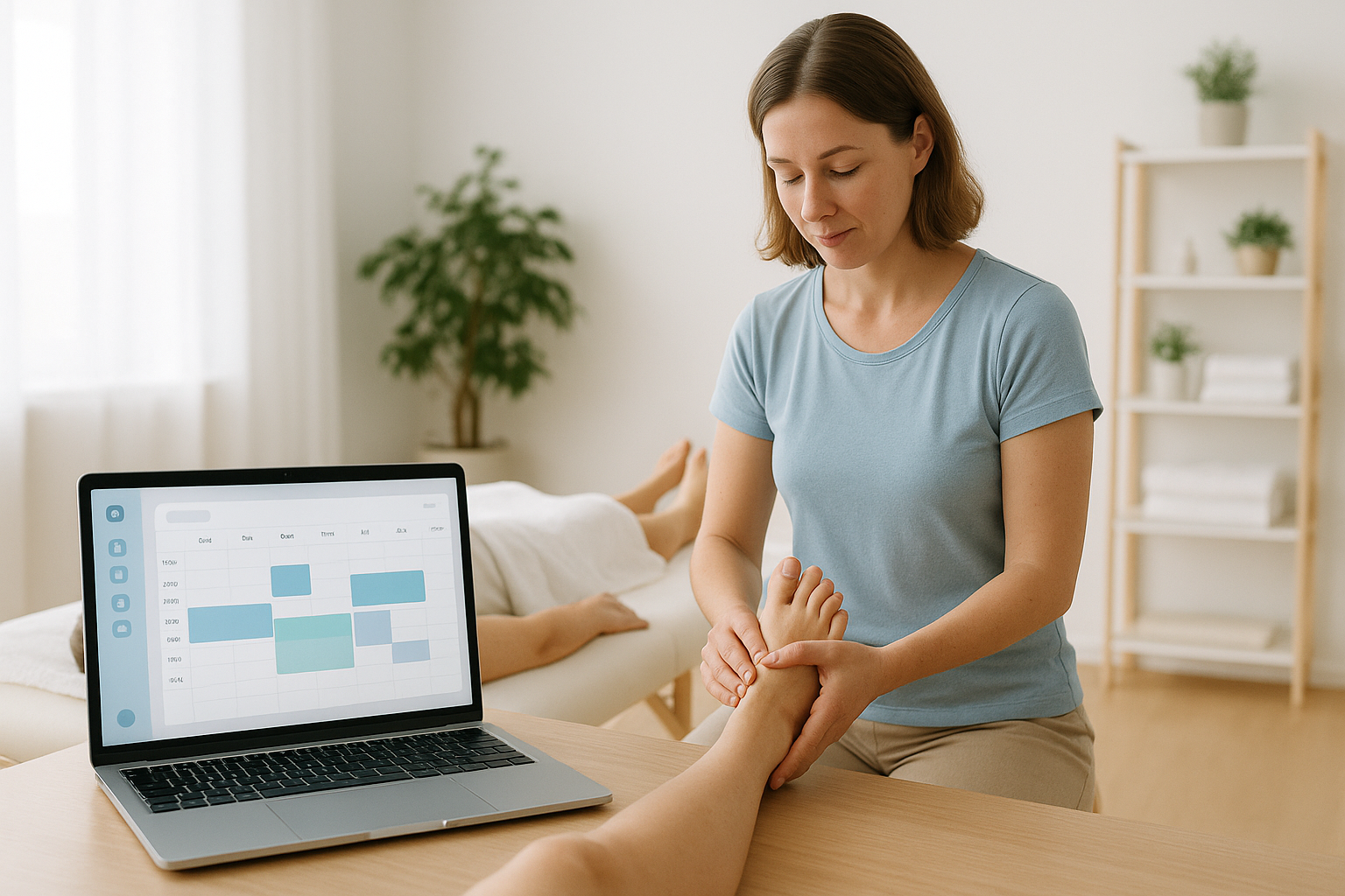 Terapeut arbejder i klinik med laptop, der viser oversigt